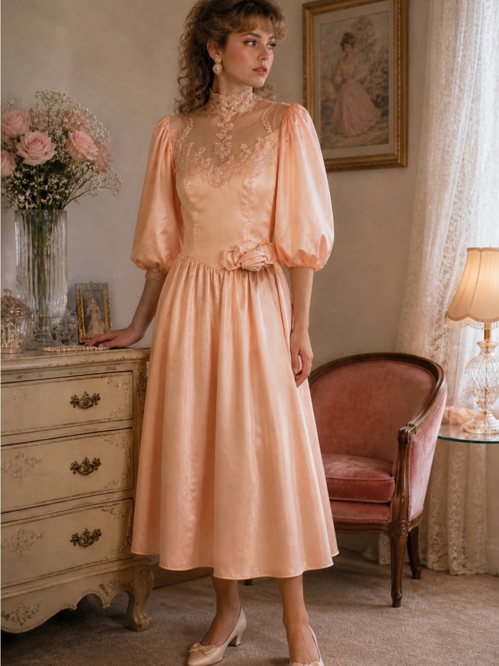 Vintage 80s Womens XS Peach High Neck Taffeta Prom Dress Bridesmaid Lace Gown